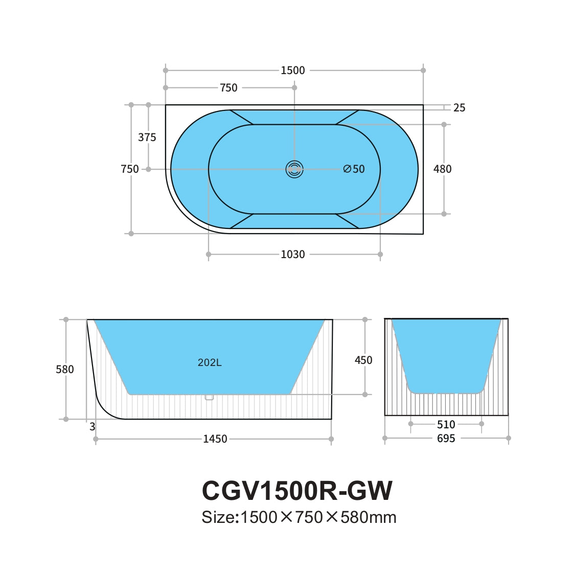 1500/1700mm Corner Fluted Bathtub Capri CGV1500R