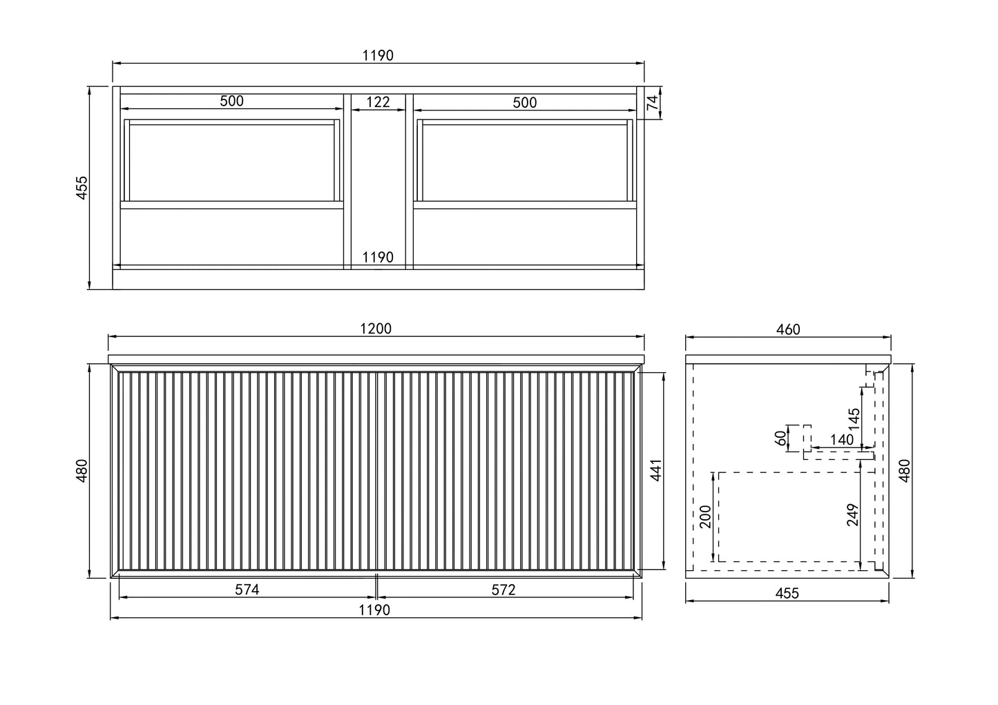 1200*460*500mm PVC Wall hung push open drawer vanity