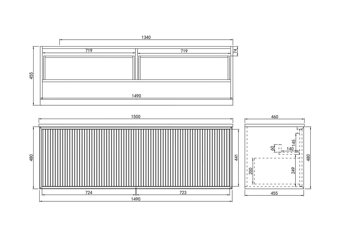 1500*460*500mm PVC Wall hung push open drawer vanity