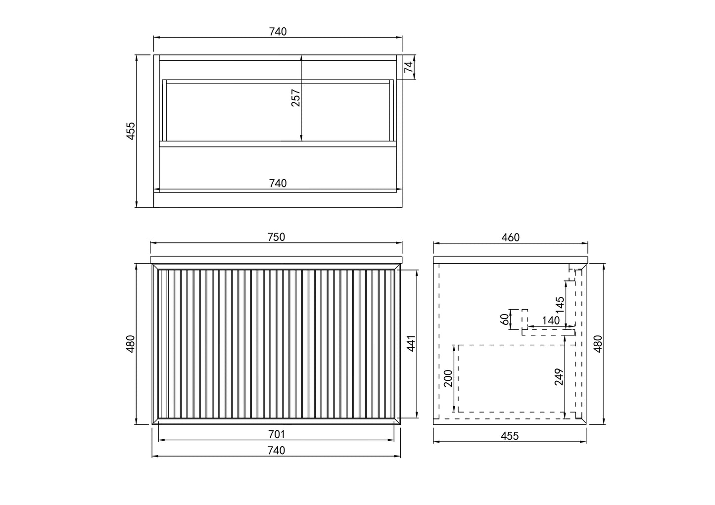 750*460*500mm PVC construction Push open drawer wall hung