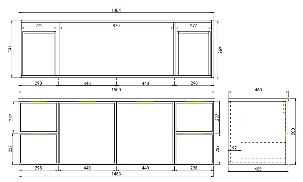 Vivid Pulse Wall Hung PVC Cabinet with Soft closing Soft closing Central door and Side Drawers 1490*455*480mm HCM1521W-MB/MW/MG