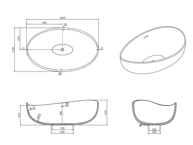 1800mm X1100 X 620mm Oval Surface Stone Bathtub Freestanding Waverly CWBT1800