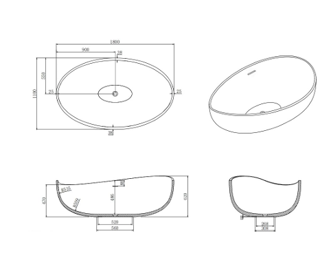 1800mm X1100 X 620mm Oval Surface Stone Bathtub Freestanding Waverly CWBT1800