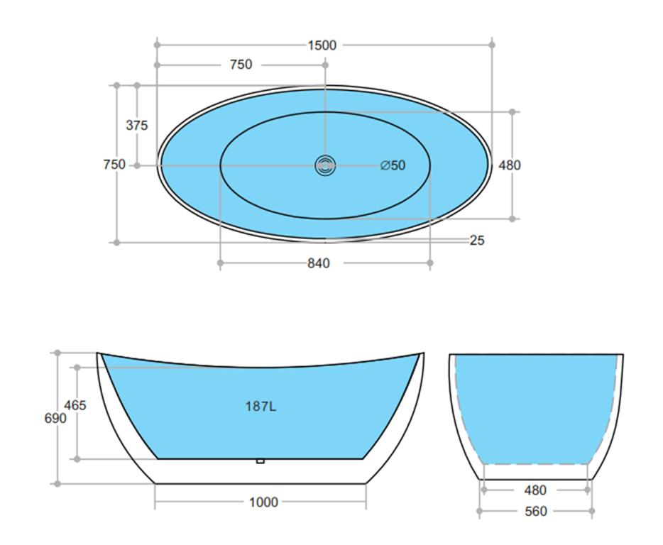 1500*750*690mm Matte White Freestanding Bathtub