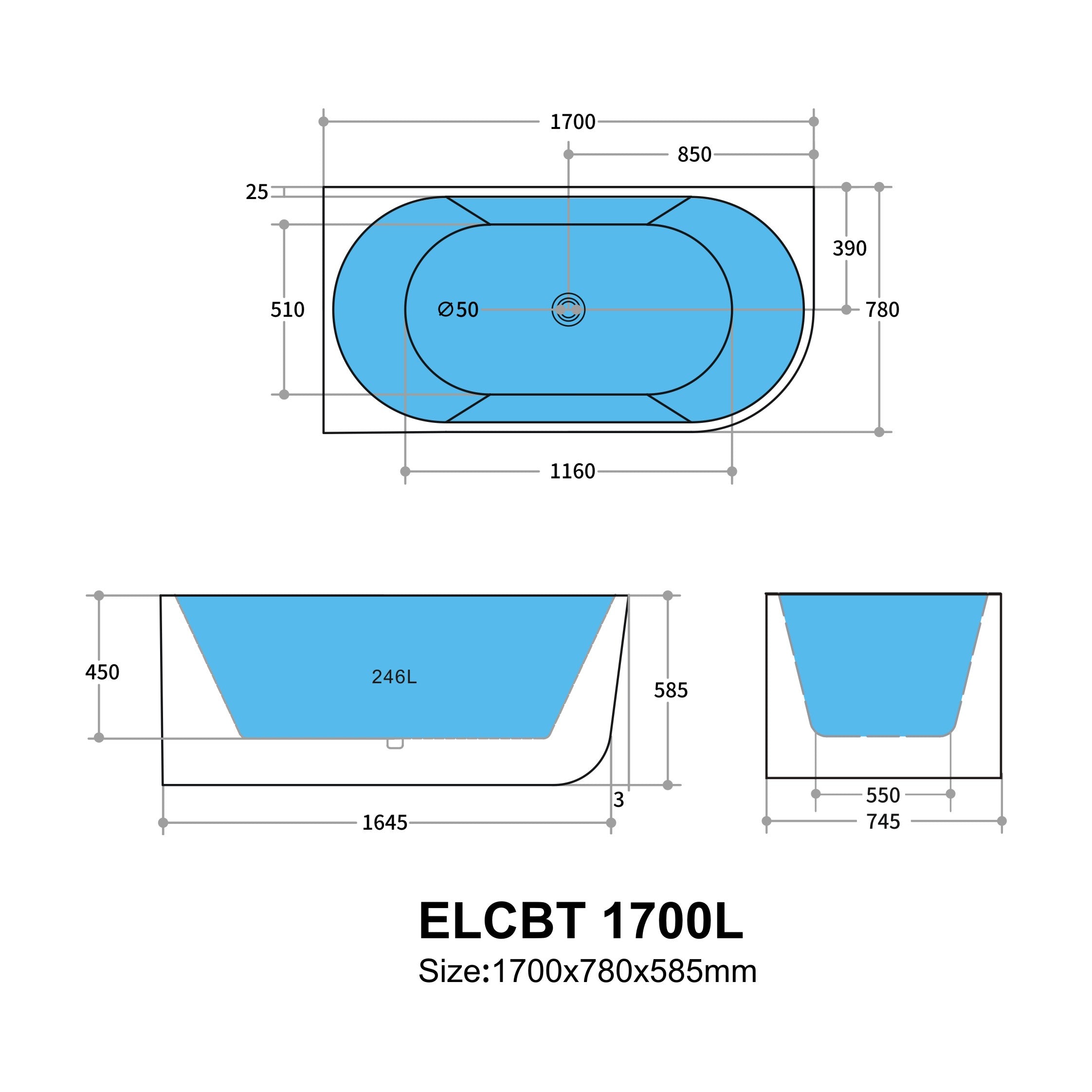 Elora Oval Freestanding Left Corner Bath 1500-1700mm