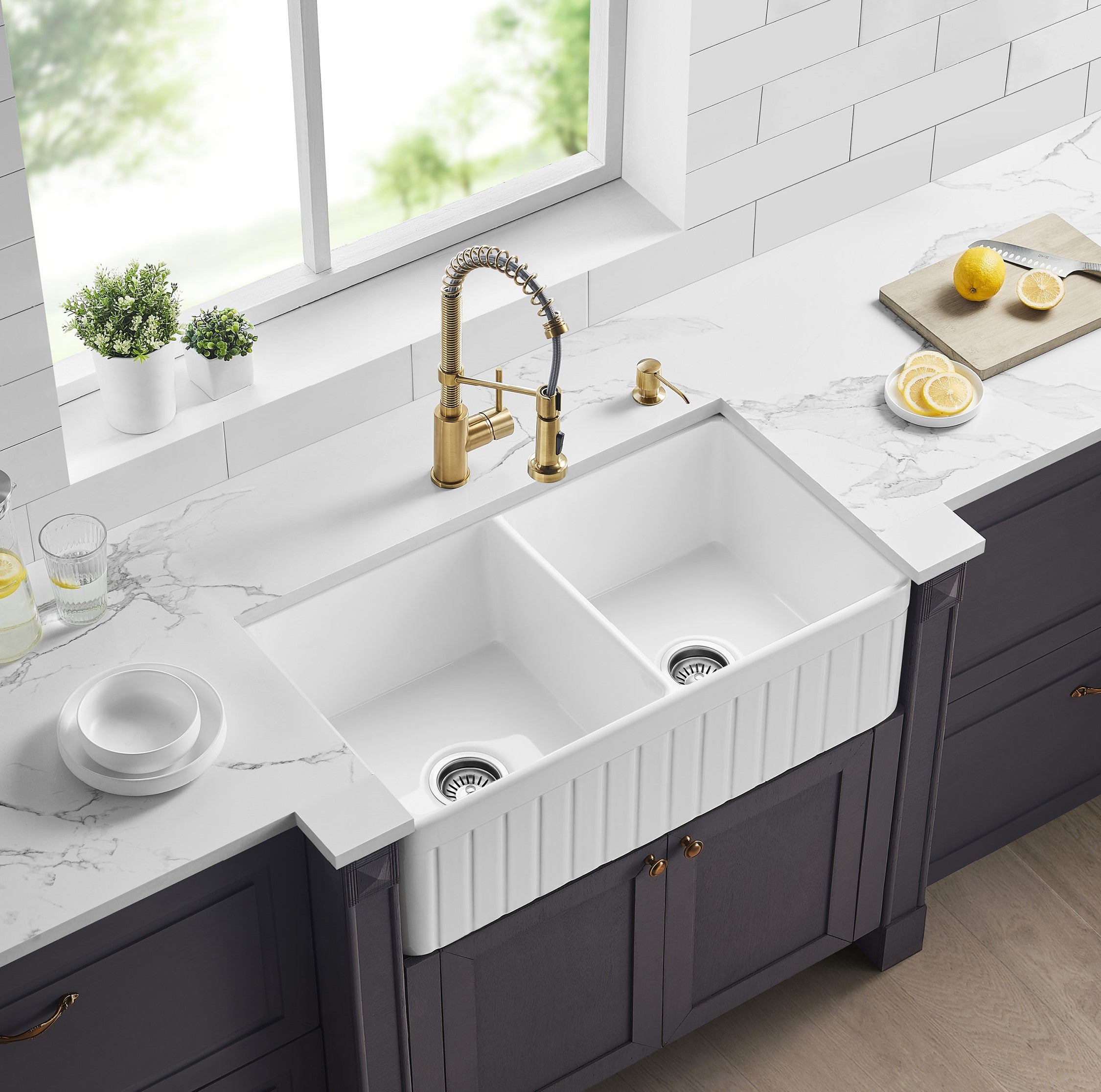 838*457*255mm Greenwich Fireclay Farmhouse Double Sink FCS828-D-GW/MB