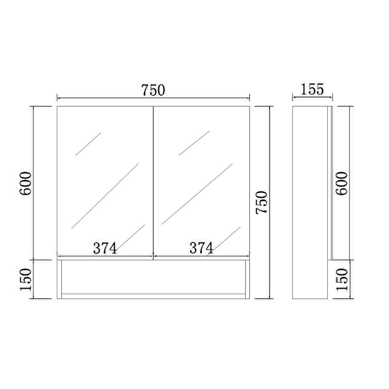 Shaving Cabinet Matte Black Finish 600–1480mm