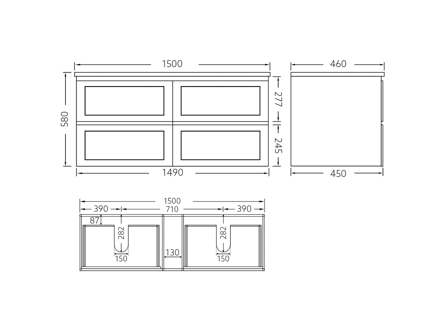 1500mm Fremantle Matte Black vanity FMB1500WH Cabinet ONLY