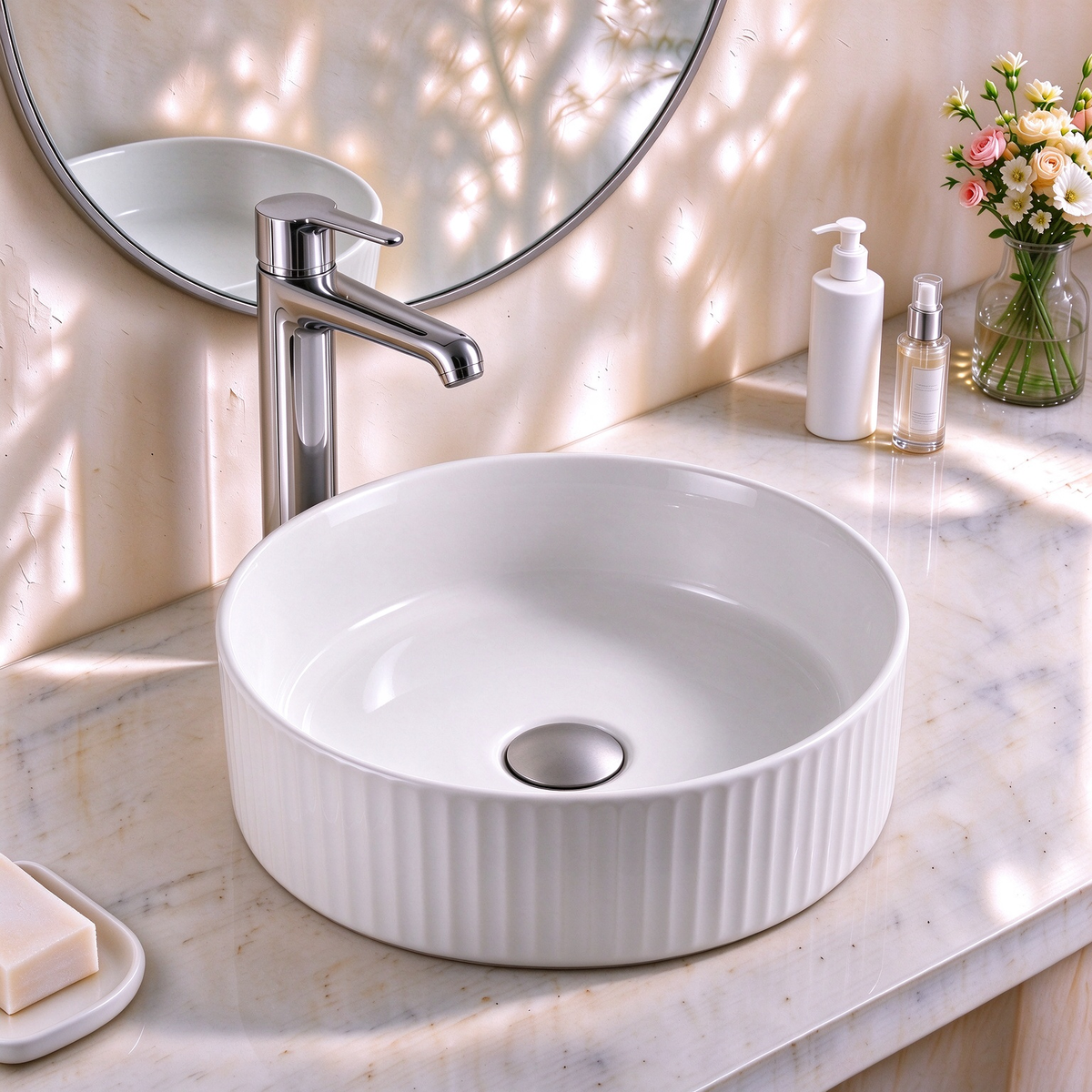 VITO Geneva Fluted Round Premium Ceramic Above-Counter Basin 400*400*125mm