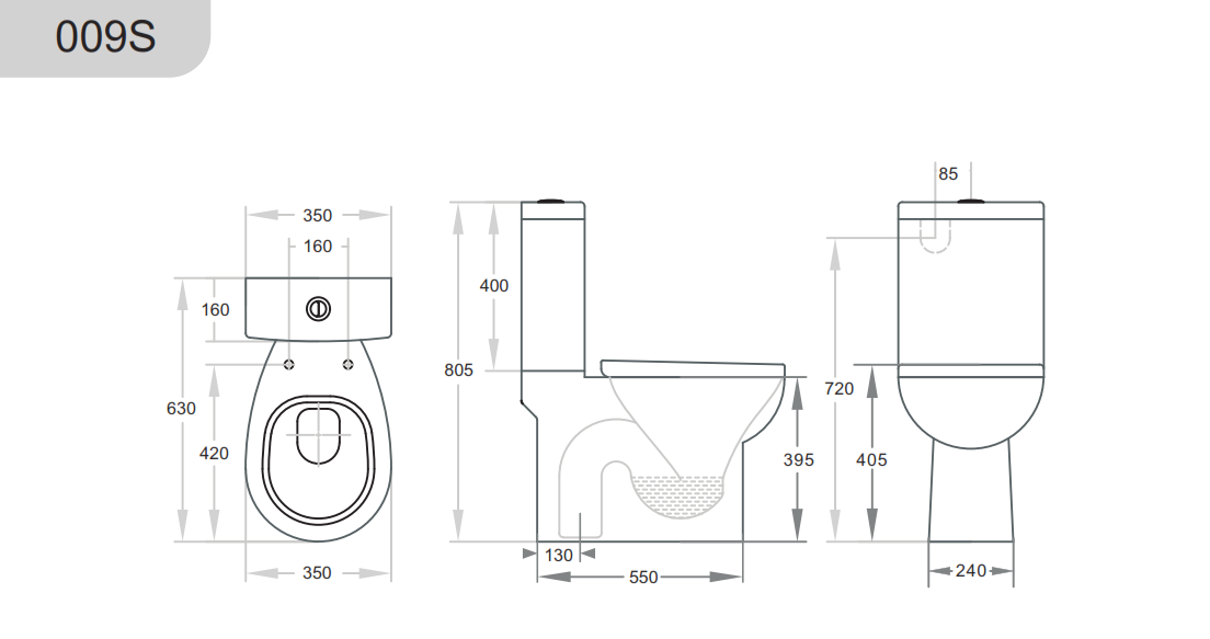630*350*805mm Zion Closed Couple Toilet Suite Dual Flush LUX009S Trap Included