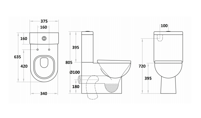 635*375*810mm Back to Wall Rio BTW Toilet Suite KDK013 Trap Included