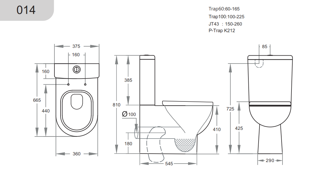 665*375*810mm Back to Wall Box Rim Toilet Suite LUX014 Trap Included