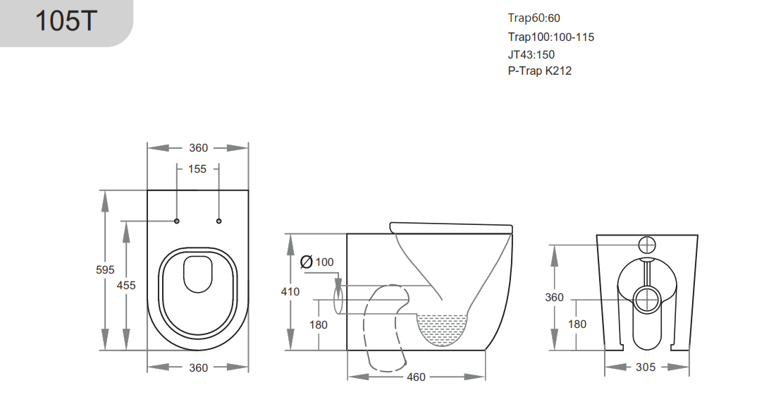 595*360*410mm Veda Tornado Wall Faced Floor Pan LUX105T/LUX105T-B Trap Included