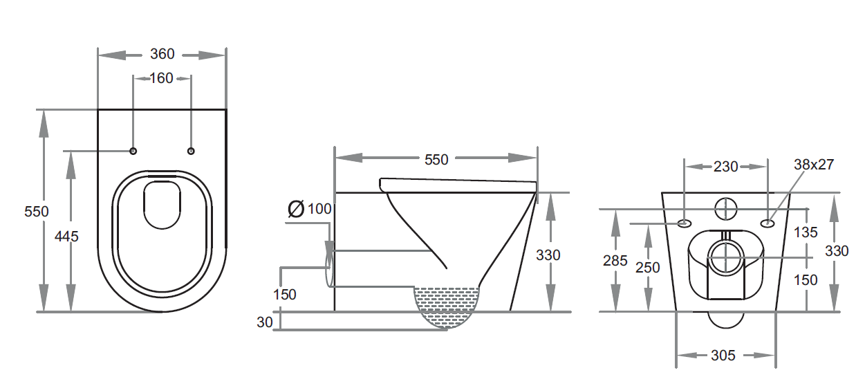 550*360*330mm Veda Rimless Wall Hung Pan LUX305R Trap Included