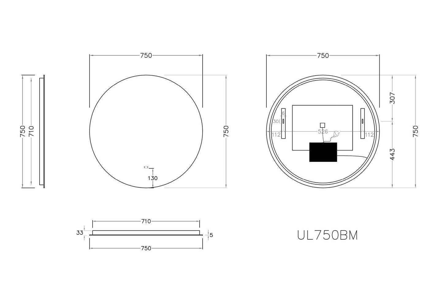 Backlit LED Mirror Smart Touch Free Controls 750*750mm UL750BM