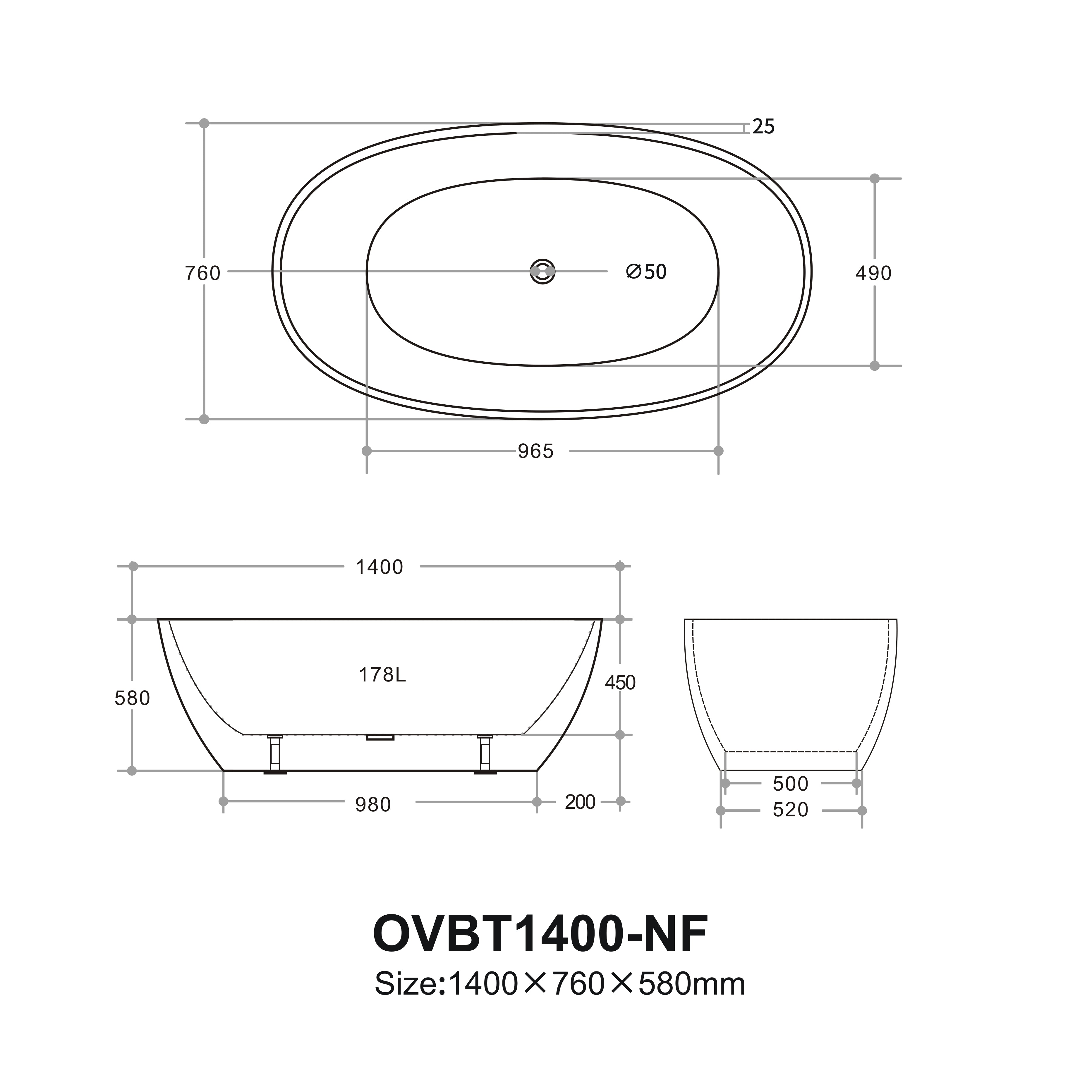 Cimona Acrylic Freestanding Bathtub 1400/1500/1700mm