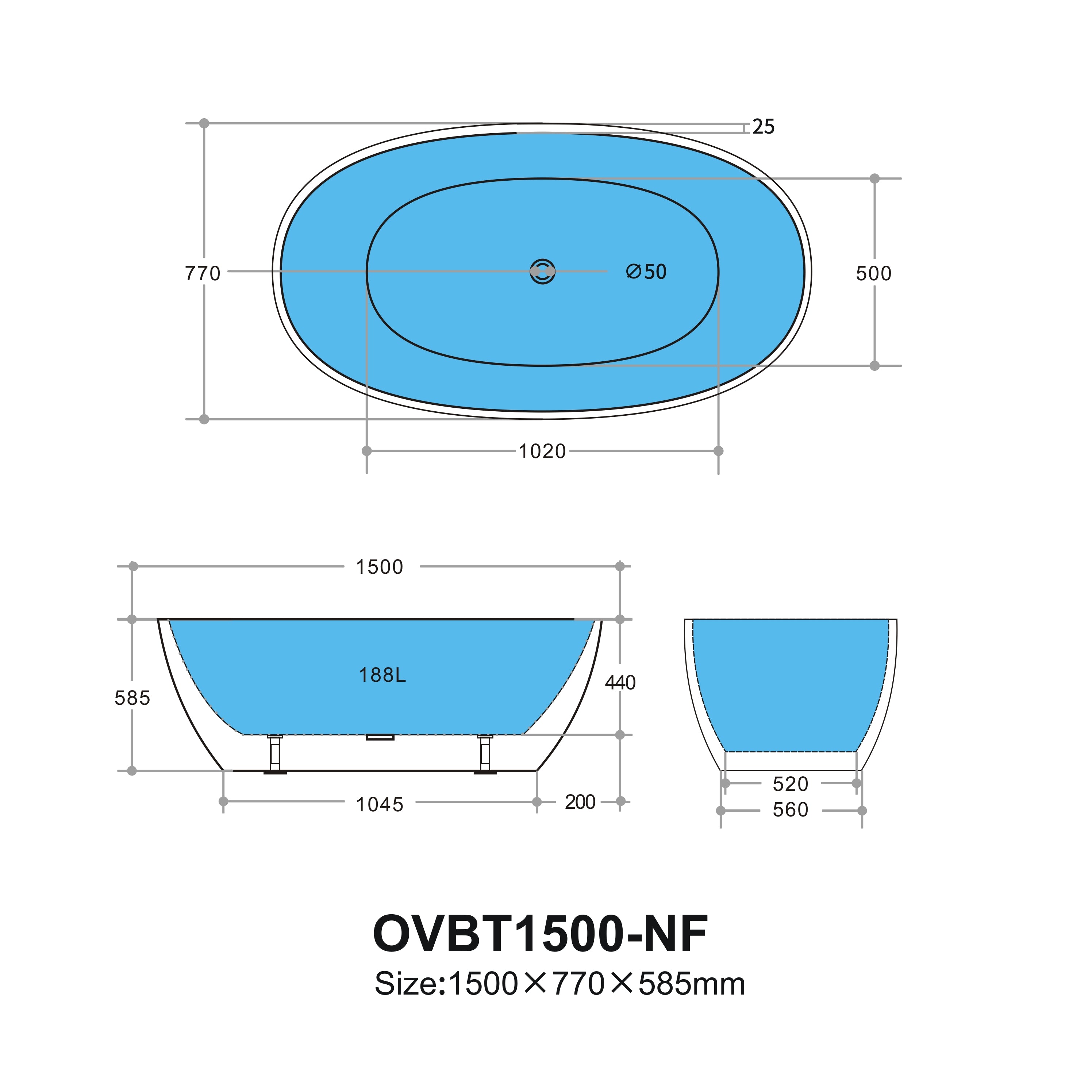 Cremis Free Standing Bathtub with Overflow 1395-1700mm