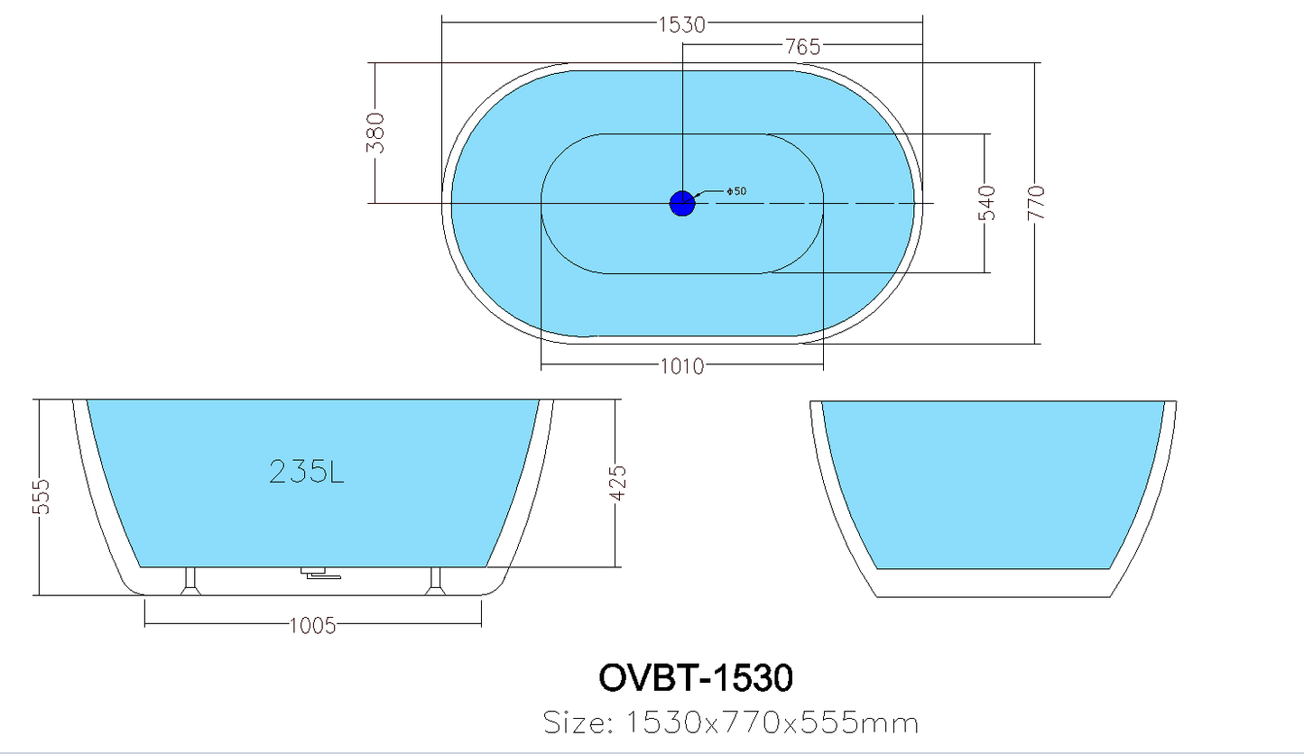 1000/1300/1395/1530/1690mm Olivia Acrylic Freestanding Bathtub