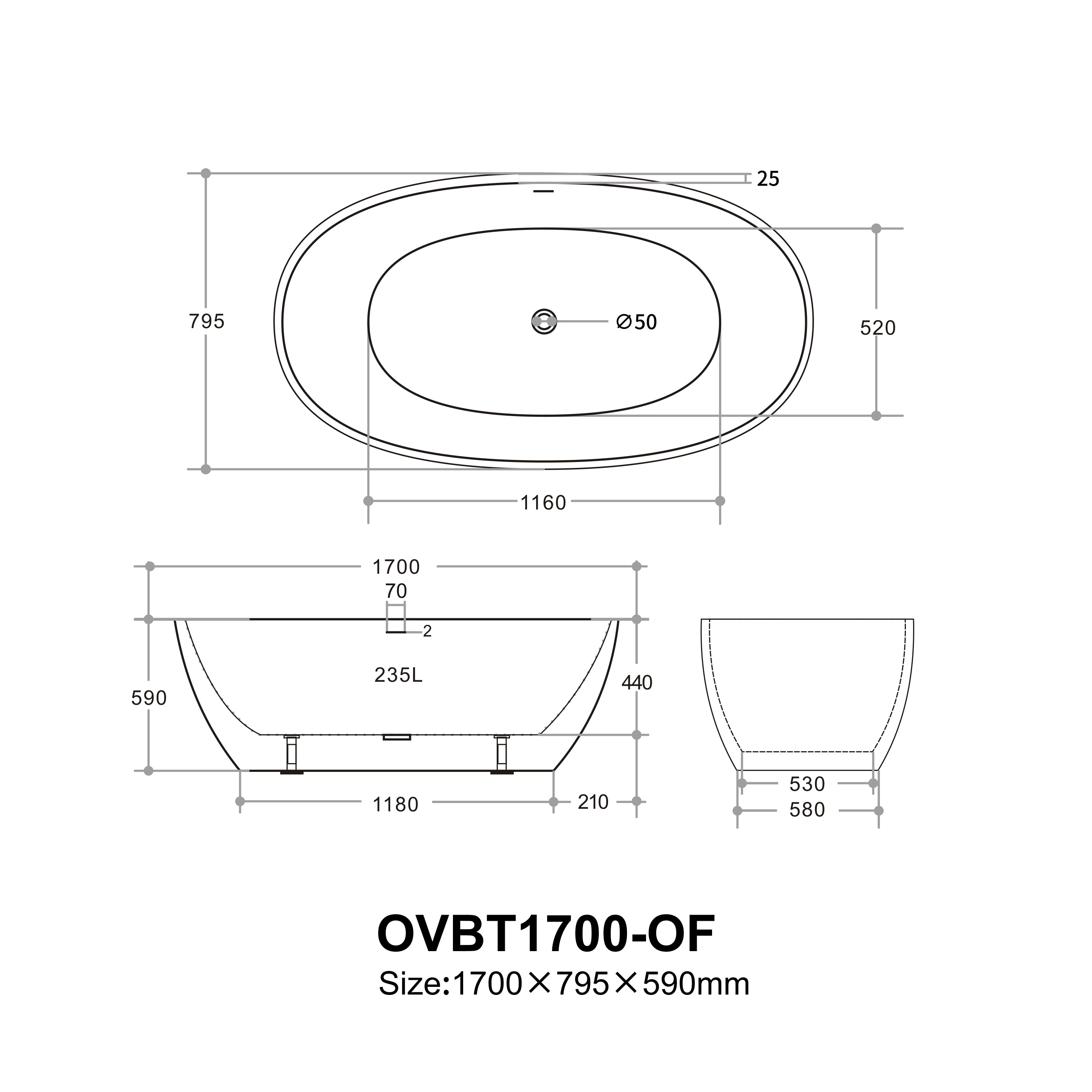 Cimona Acrylic Freestanding Bathtub 1400/1500/1700mm