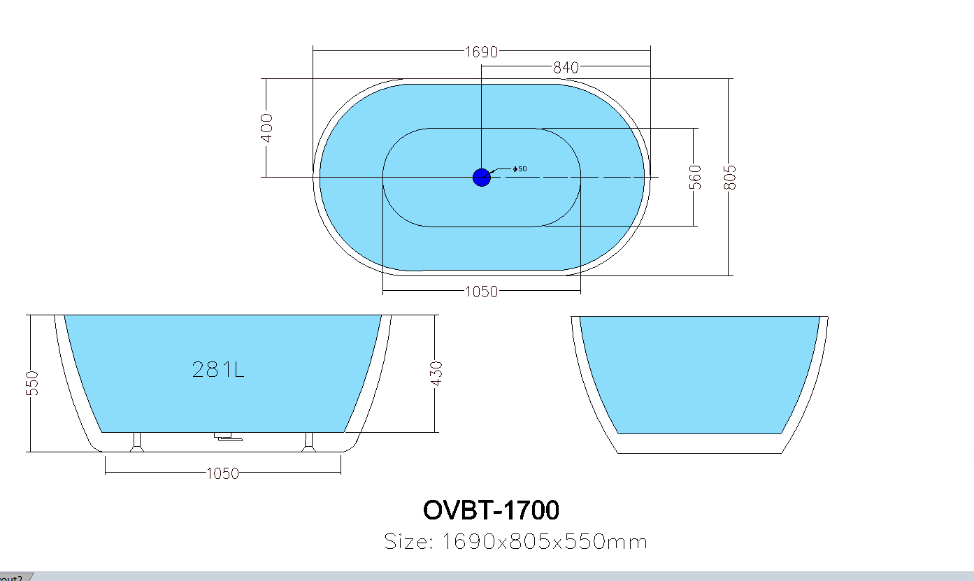 1000/1300/1395/1530/1690mm Olivia Acrylic Freestanding Bathtub