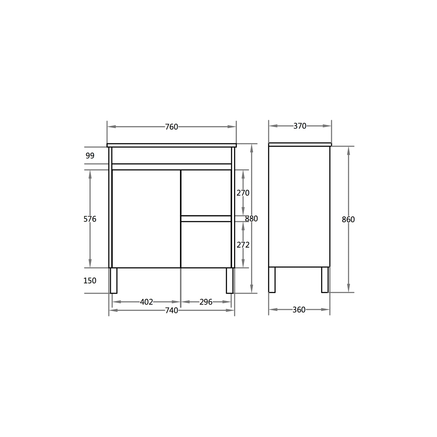 750*370*880mm White ployurethane PVC Narrow Vanity Polar P73RLG