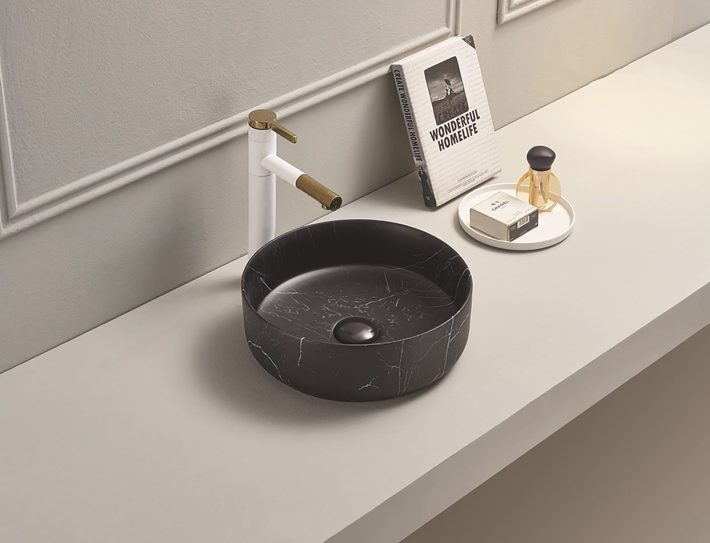 346*346*114mm Matte Black Marble Basin Carrara PA3535MBM