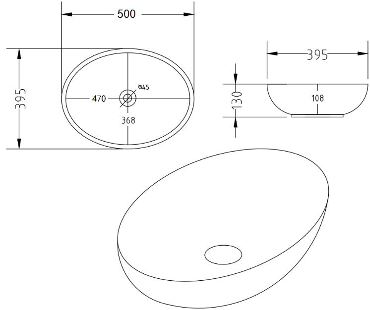 520*395*130mm Matte Black Marble Basin Carrara PA5239MBM