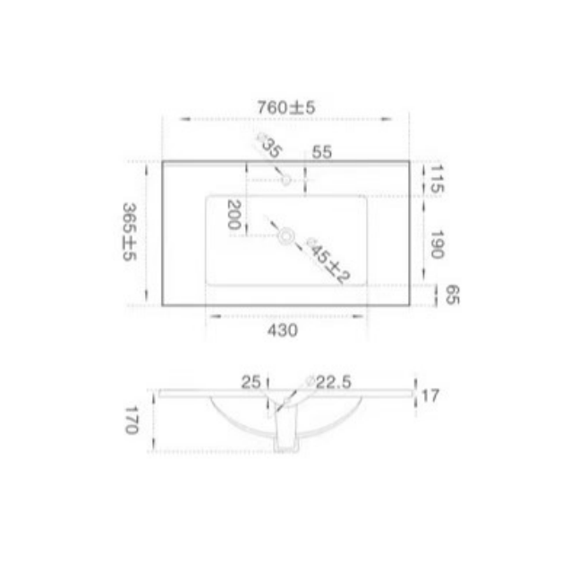 Vanity Ceramic Top with Undermount Basin 610-1510mm