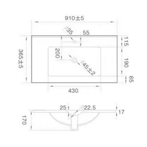 Vanity Ceramic Top with Undermount Basin 610-1510mm