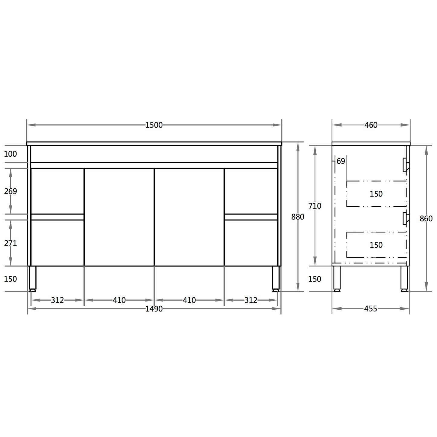 1500*460*880mm White Polyurethane PVC Standard Vanity Polar P154LG