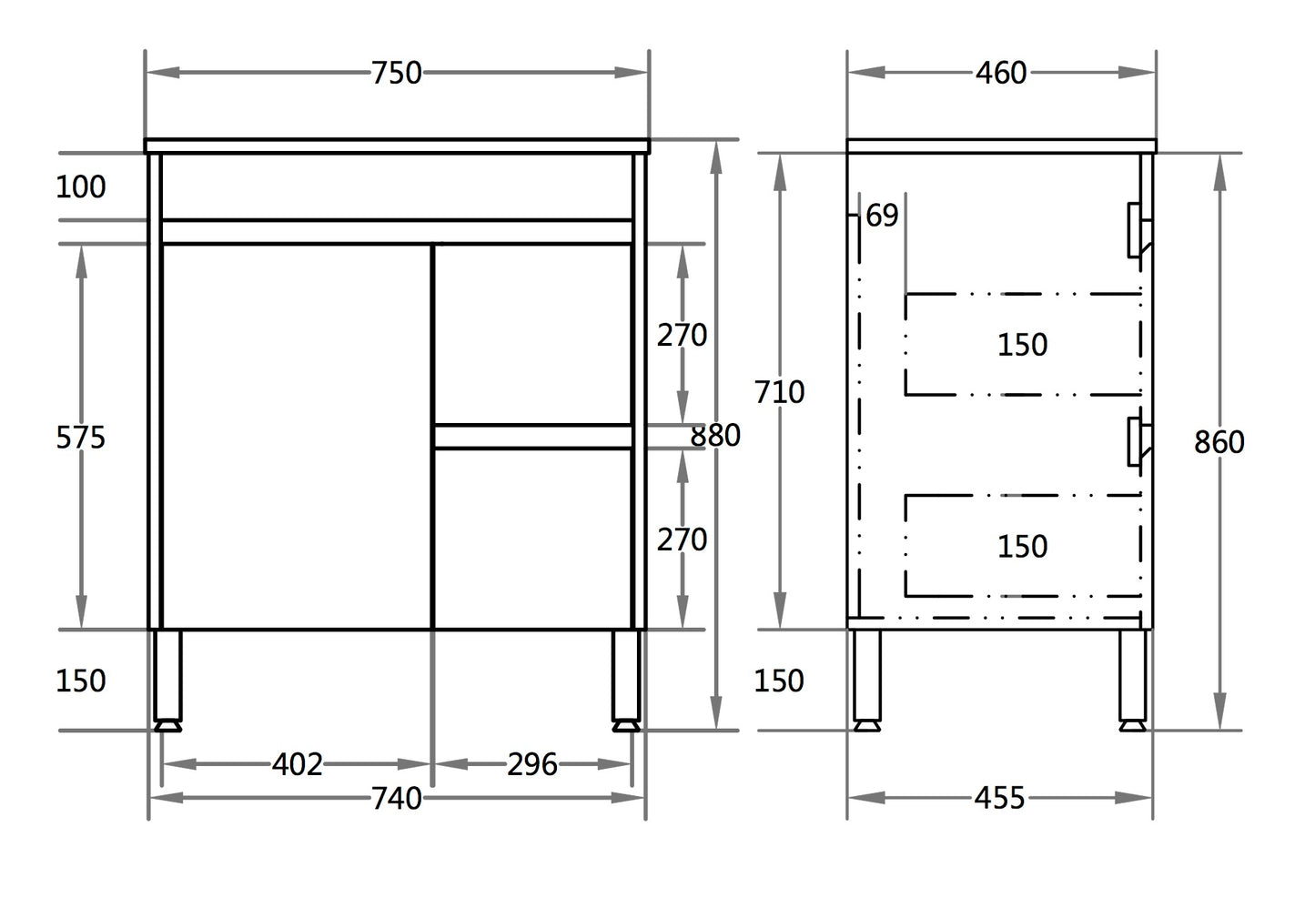 750*460*880mm White Polyurethane PVC Standard Vanity Polar P74RLG