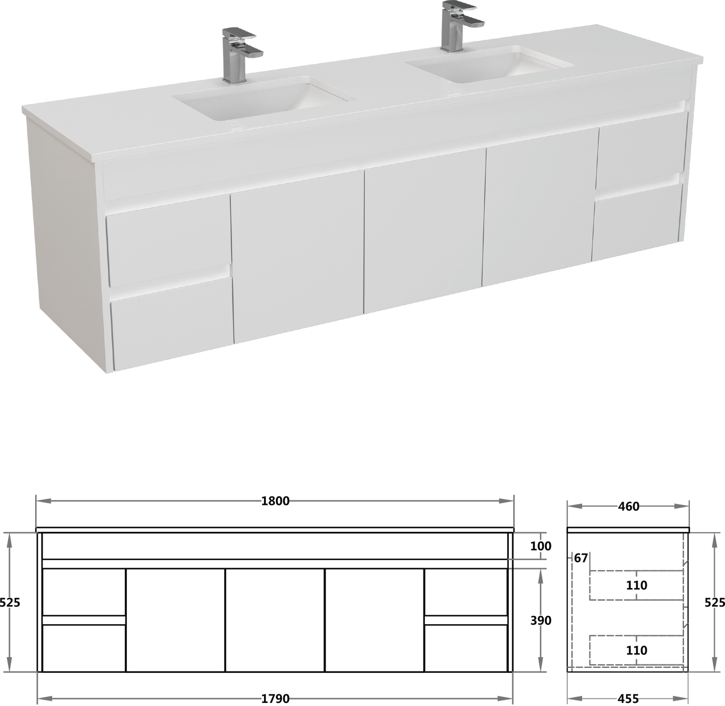 1800*460*545mm Wall Hung White Polyurethane PVC Vanity Double Bowls Polar P184WH