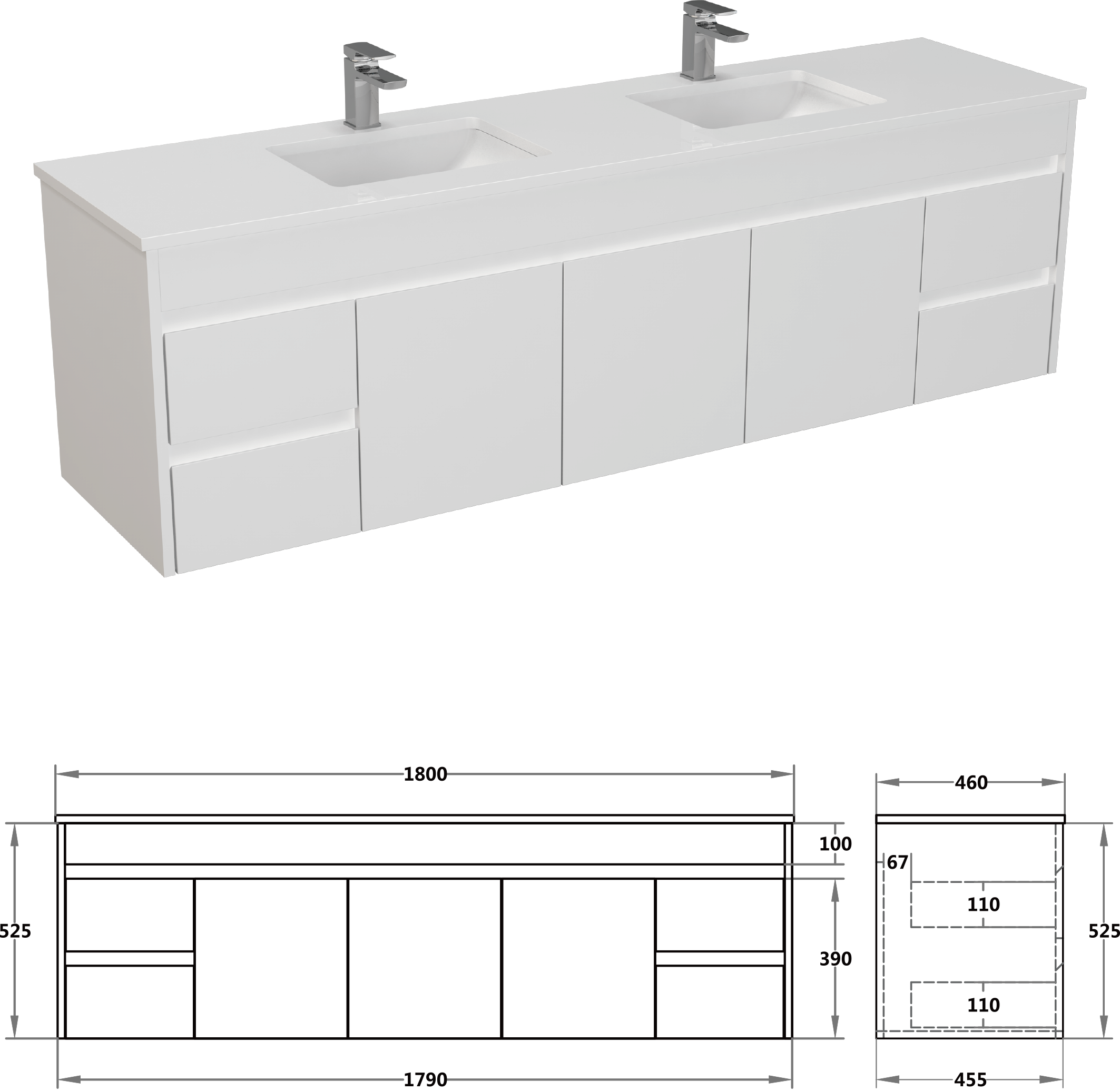 1800*460*545mm Wall Hung White Polyurethane PVC Vanity Double Bowls Polar P184WH
