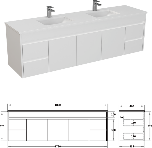 1800*460*545mm Wall Hung White Polyurethane PVC Vanity Double Bowls Polar P184WH