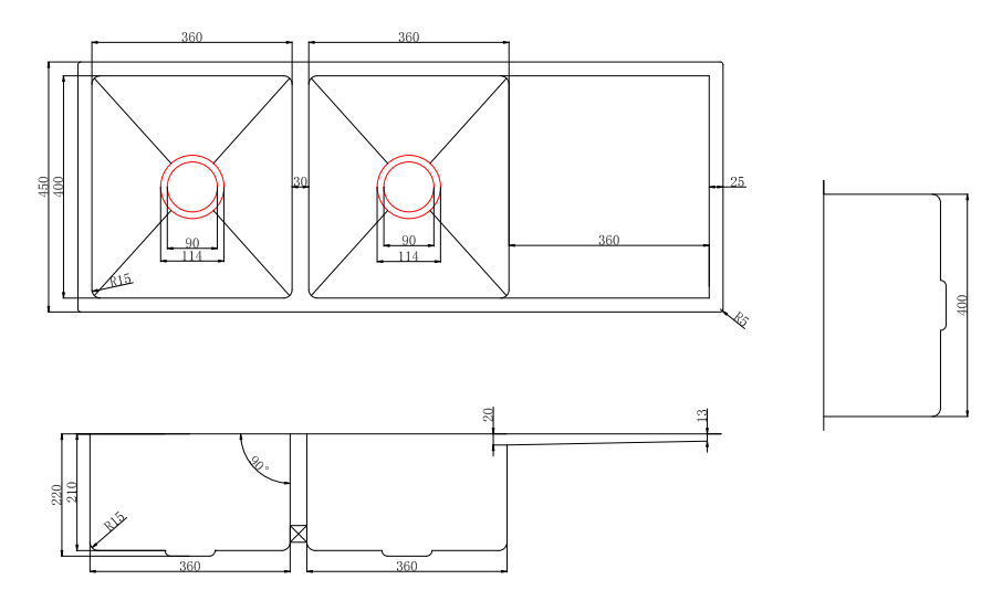 1160*450*220mm Stainless Steel 304 Double Bowls PKS-1160DR