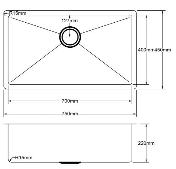 750*450*220mm Stainless Steel 304 Top/Undermount PKSS-750R