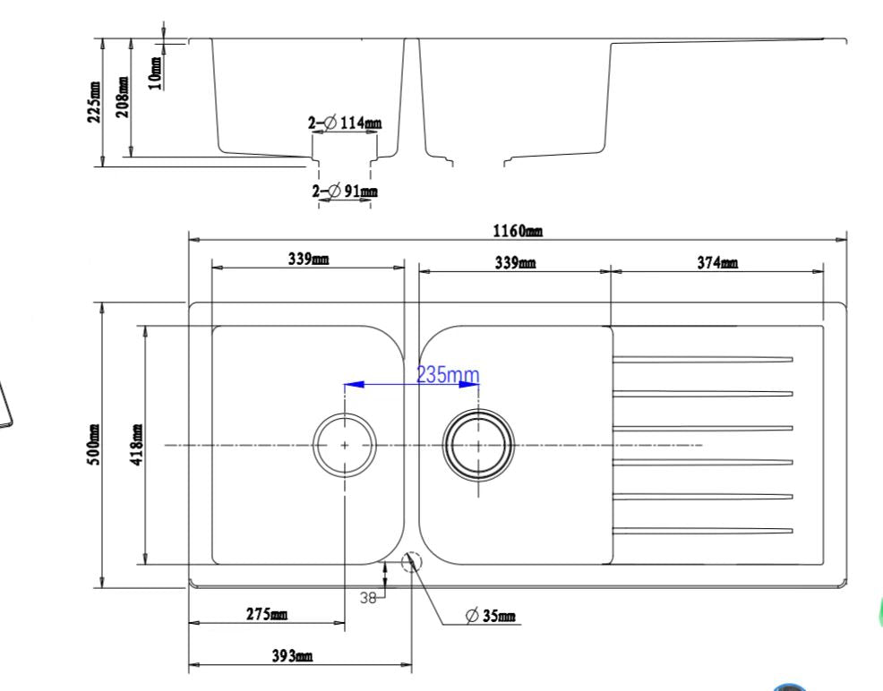 Quartz Top-mount Kitchen Sink 1160*500*225mm