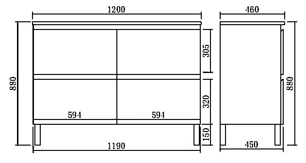 Vita Flux PVC Cabinet with U shape soft closing drawers with Leg 1200-1500mm