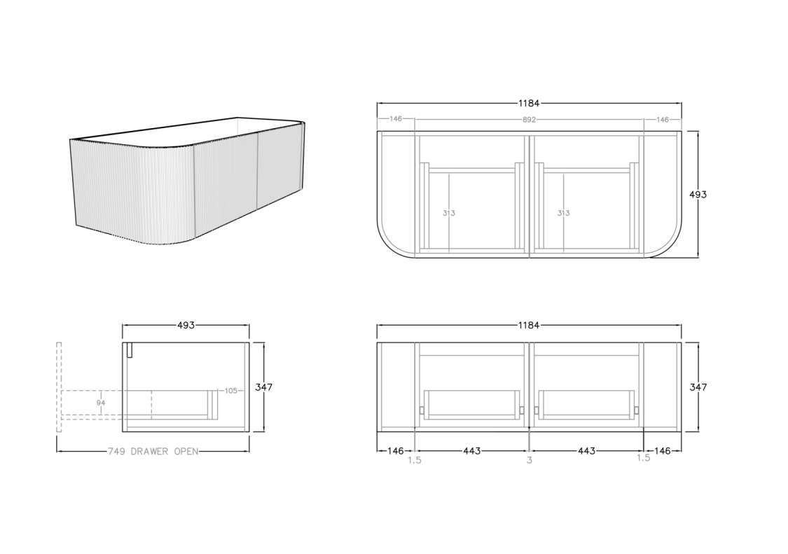 Bronte Standard Wall-Mounted Vanity 1184*493*347/1488*493*347mm