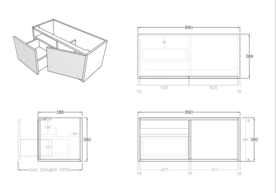 Bellevue Slim Wall-Mounted Vanity 890*386*380mm Prime Oak