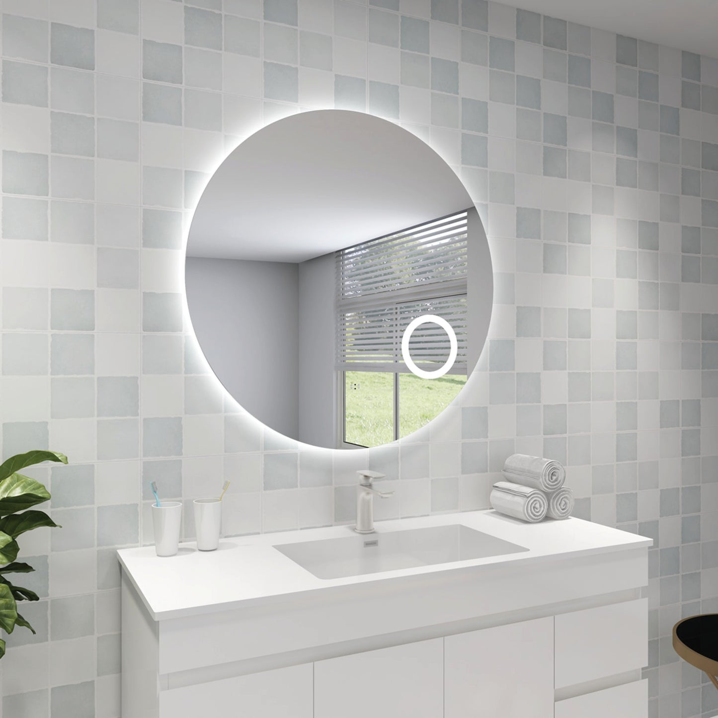 Luna Backlit LED Mirror With Magnifier Smart Touch Free Controls 900*900mm UL900BMM