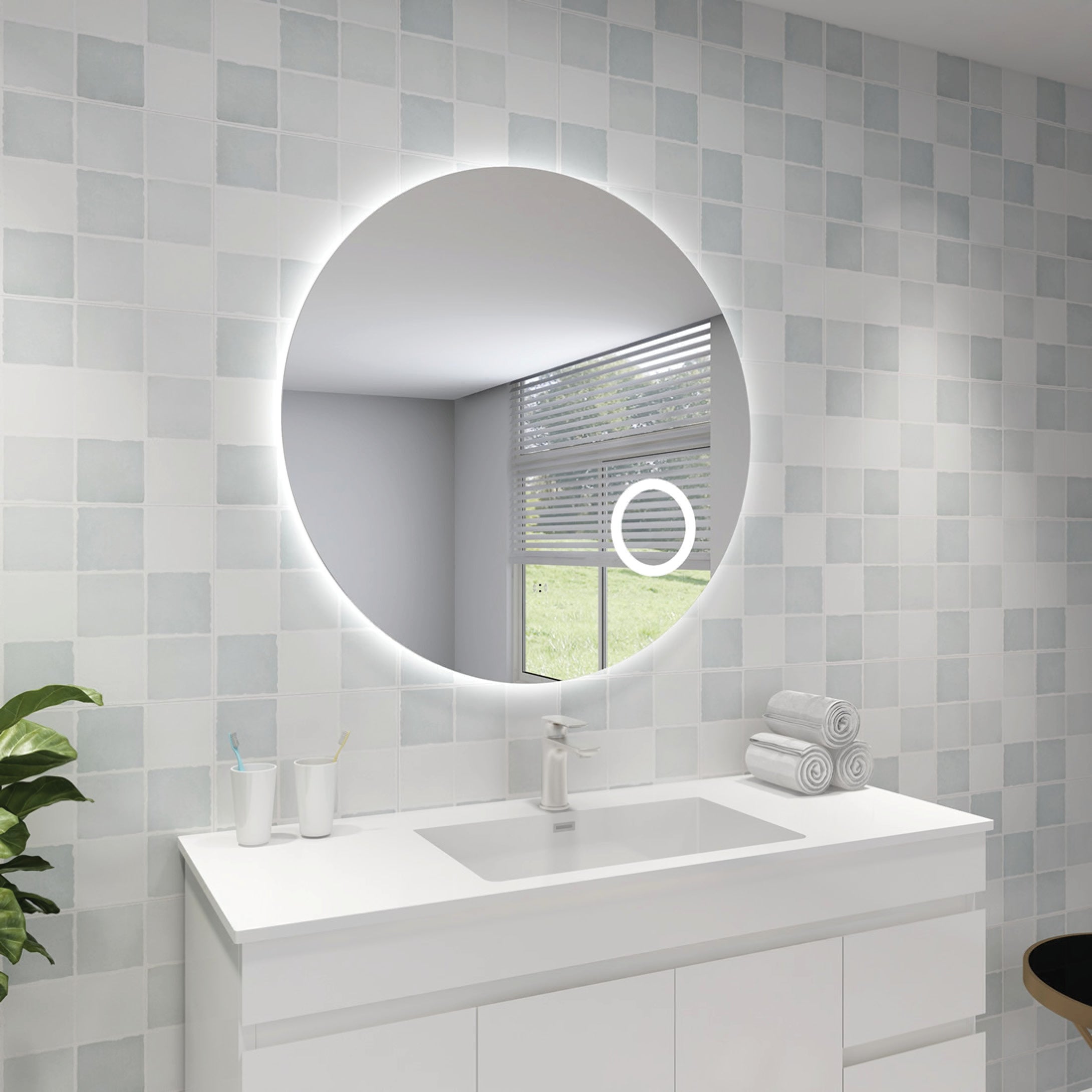 Backlit LED Bathroom Mirror with Magnifier & Smart Touch-Free Controls 900*900mm