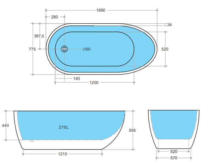 Odisia Free Standing Bathtub 1690*775*595mm