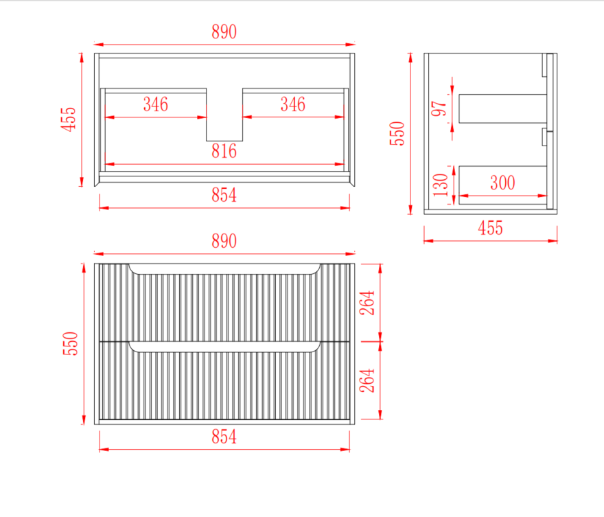 Brooklyn Fluted Wall Hung Vanity 590-1490mm