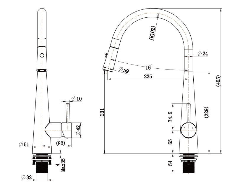 Kitchen Round Pot Pull Mixer Tap 7.5L/Min
