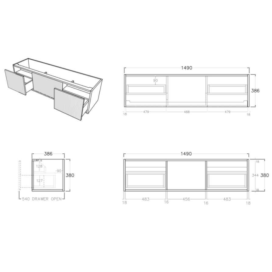 Bellevue Slim Wall-Mounted Vanity 1490*386*380mm Prime Oak