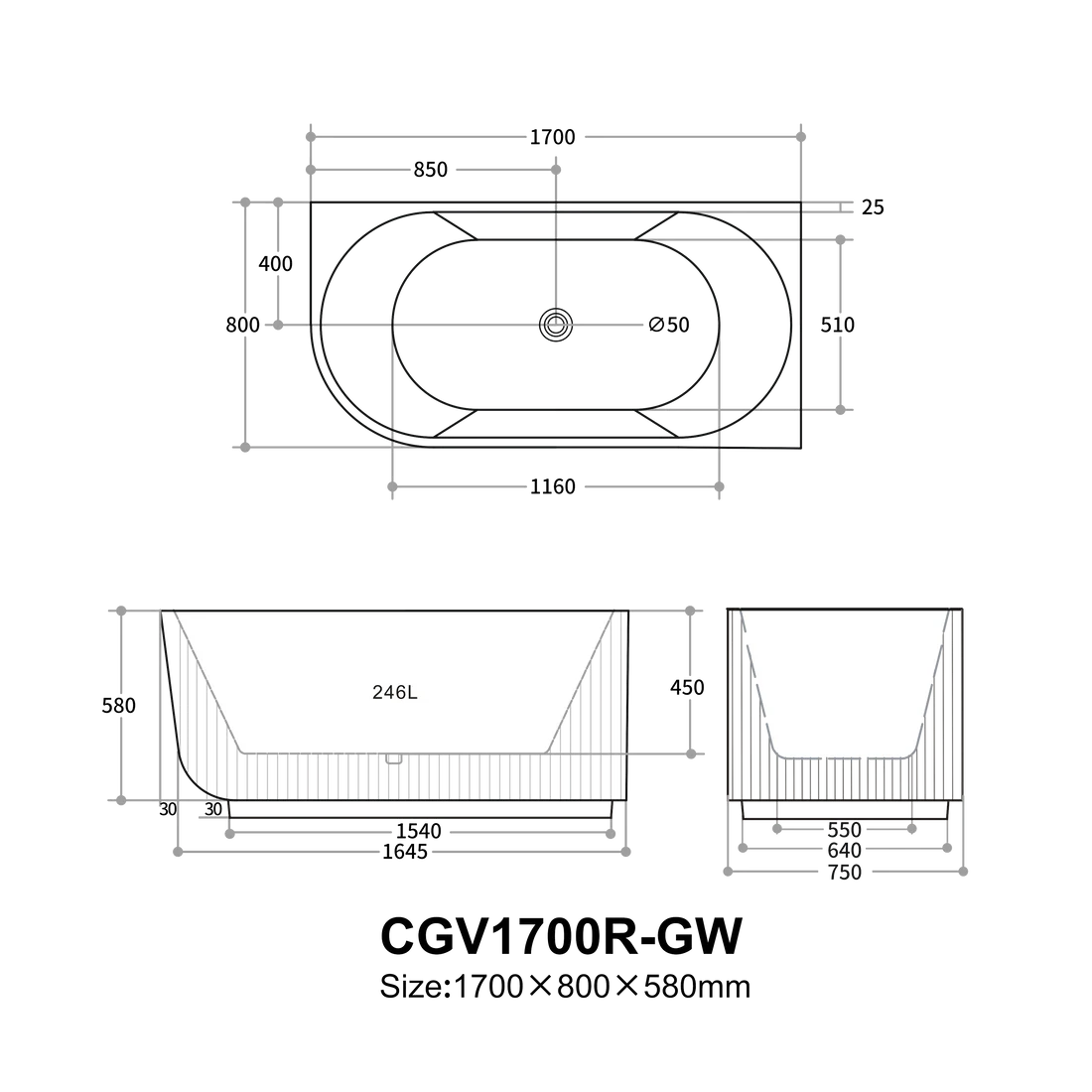 Capri Fluted Corner Freestanding Bathtub 1500/1700mm CGV1500L/R-GW/MW/MB/CGV1700L/R-GW/MW/MB