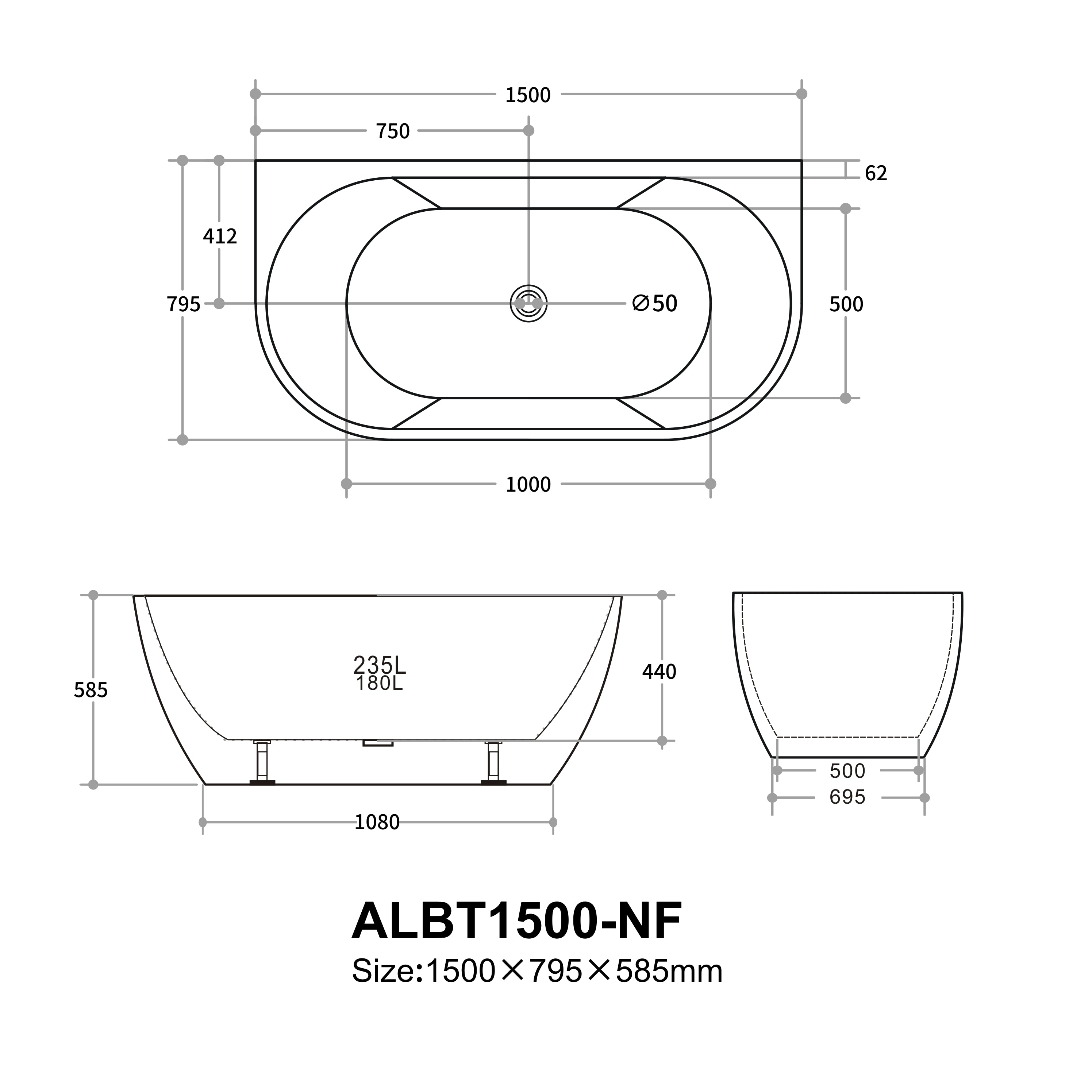 Deltora Back to Wall Bathtub 1500/1700mm