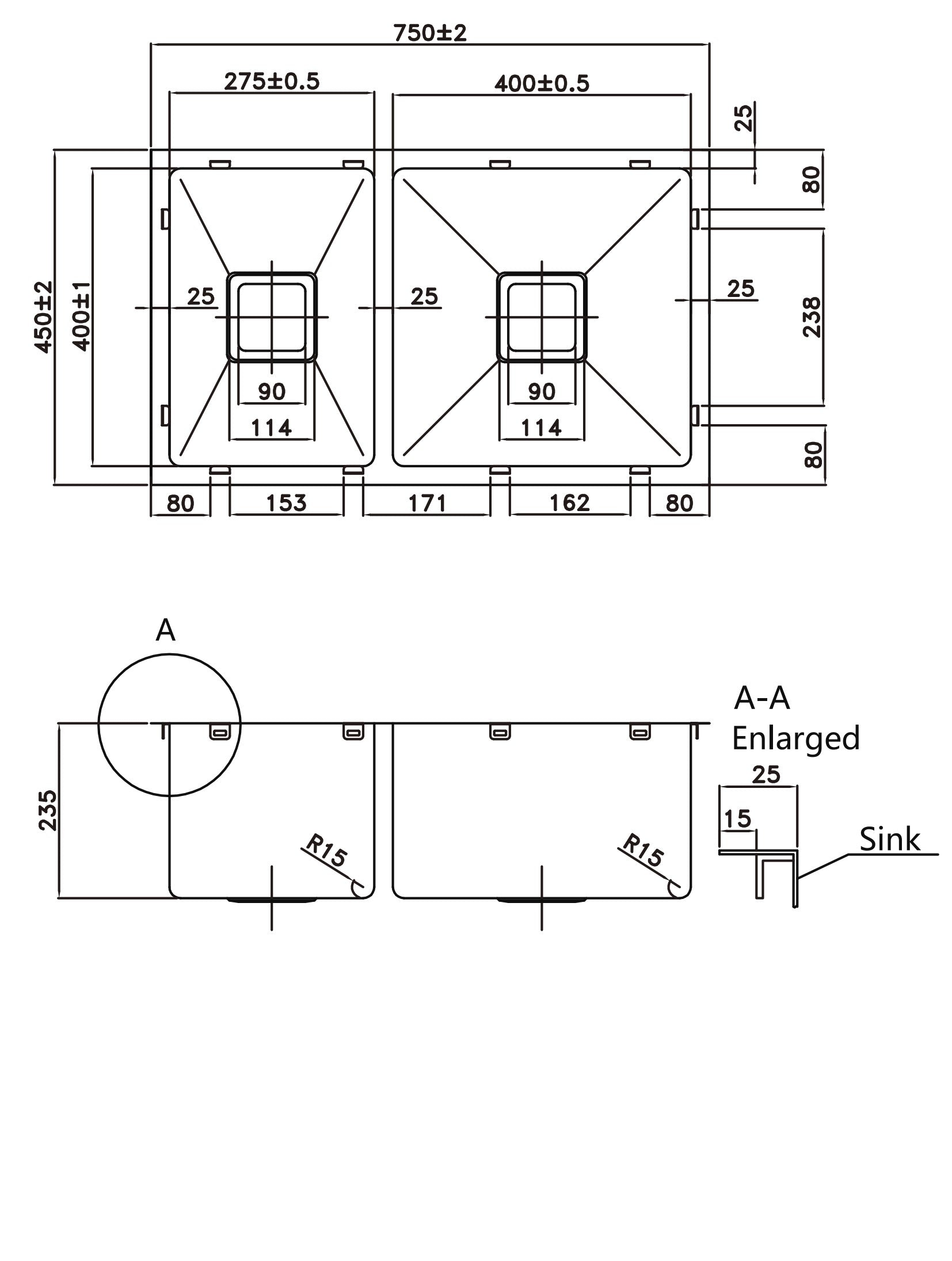 750×450×235mm Stainless Steel 304 Top/Undermount PKS-750DS