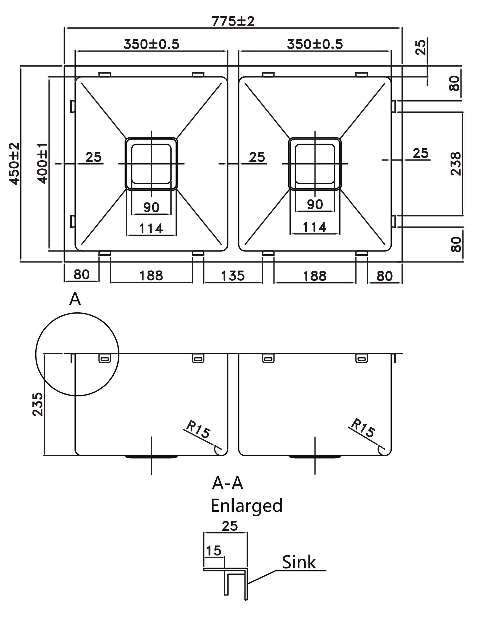 775*450*235mm Stainless Steel 304 Top/Undermount PKS-775DS